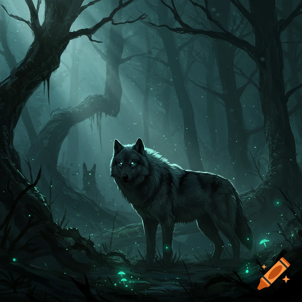 A dark wolf with glowing eyes stands in a mystical, misty forest with ...
