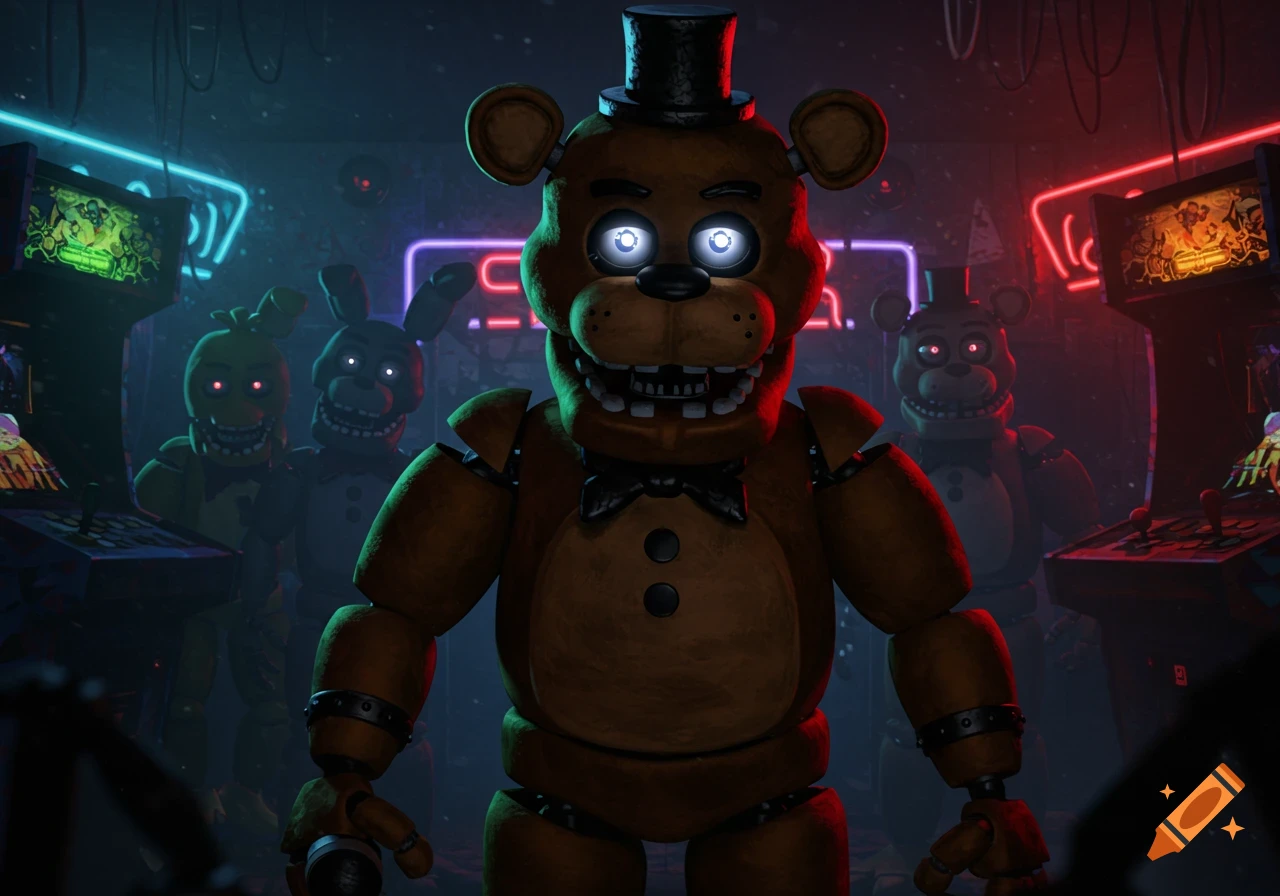 Freddy Fazbear and other animatronics stand in a dimly lit arcade with neon lights.