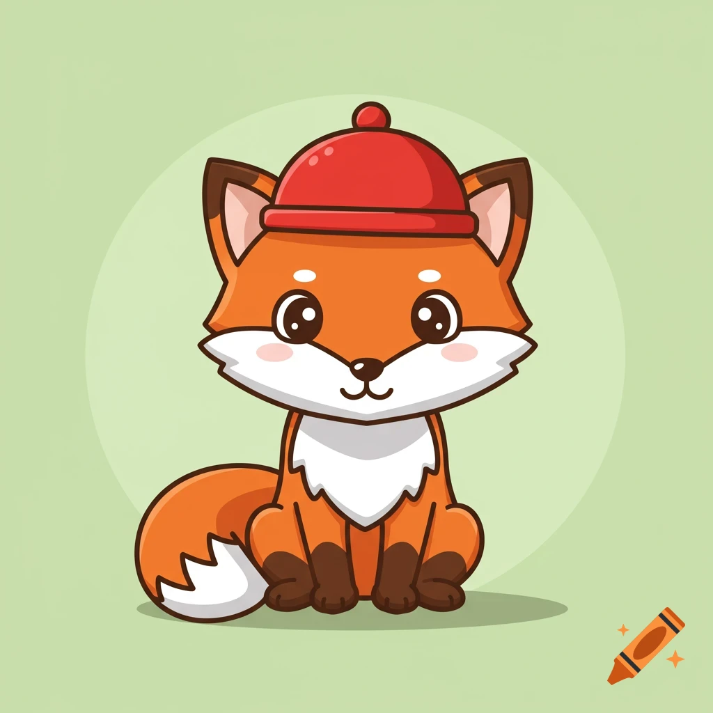 A cute cartoon fox wearing a red hat, sitting with big eyes on a light green background.