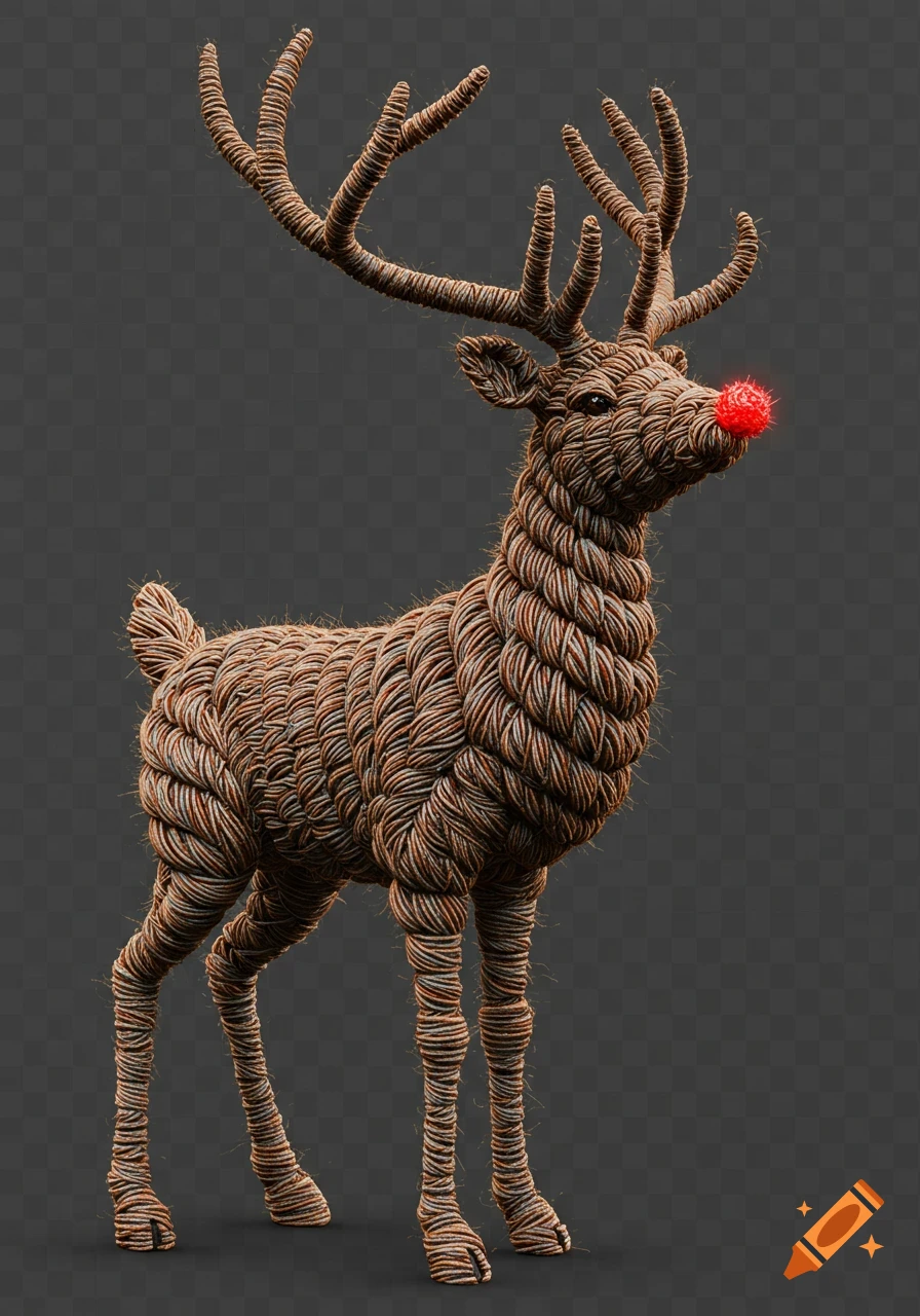 A reindeer figure with large antlers, made entirely of brown and white yarn, featuring a glowing red nose, stands against a transparent background.
