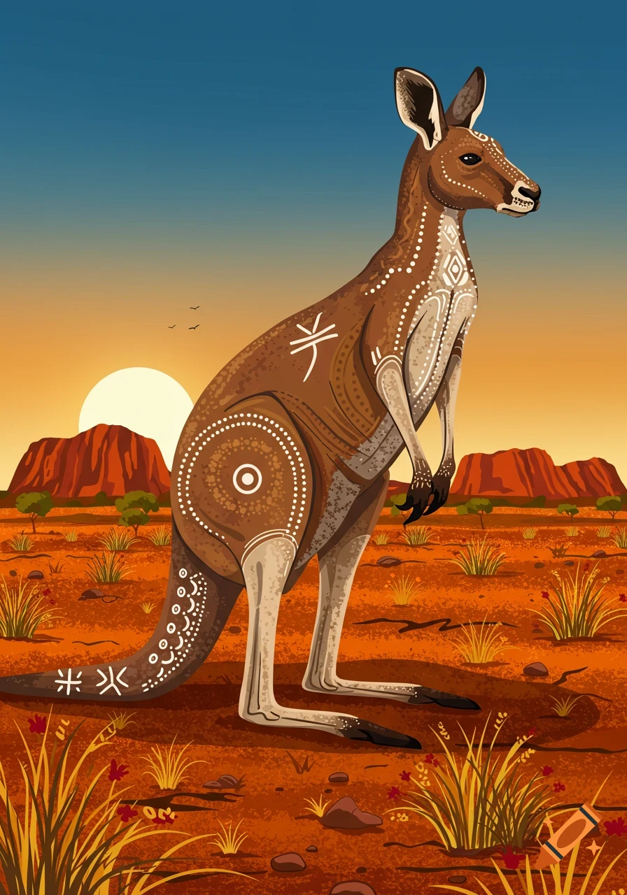 An illustrated kangaroo adorned with white aboriginal dot and line art stands in a red desert landscape under a sunset sky with mountains.