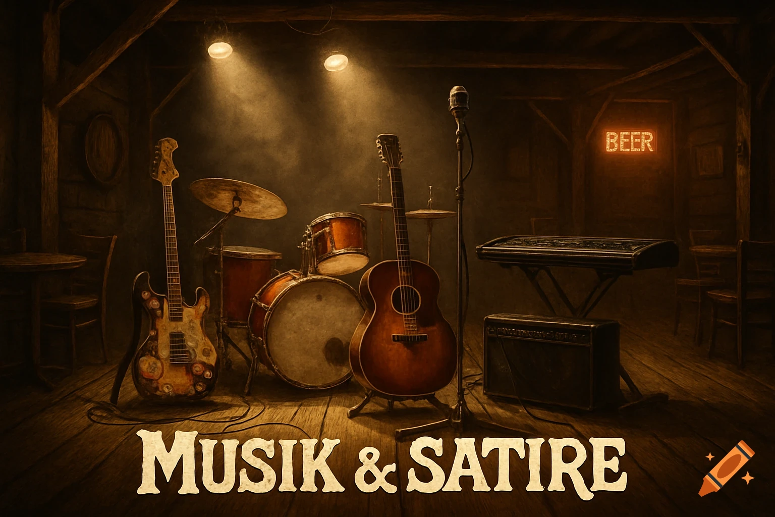A rustic stage with electric guitar, acoustic guitar, drums, keyboard, and microphone under warm lights, with 'MUSIK & SATIRE' text.