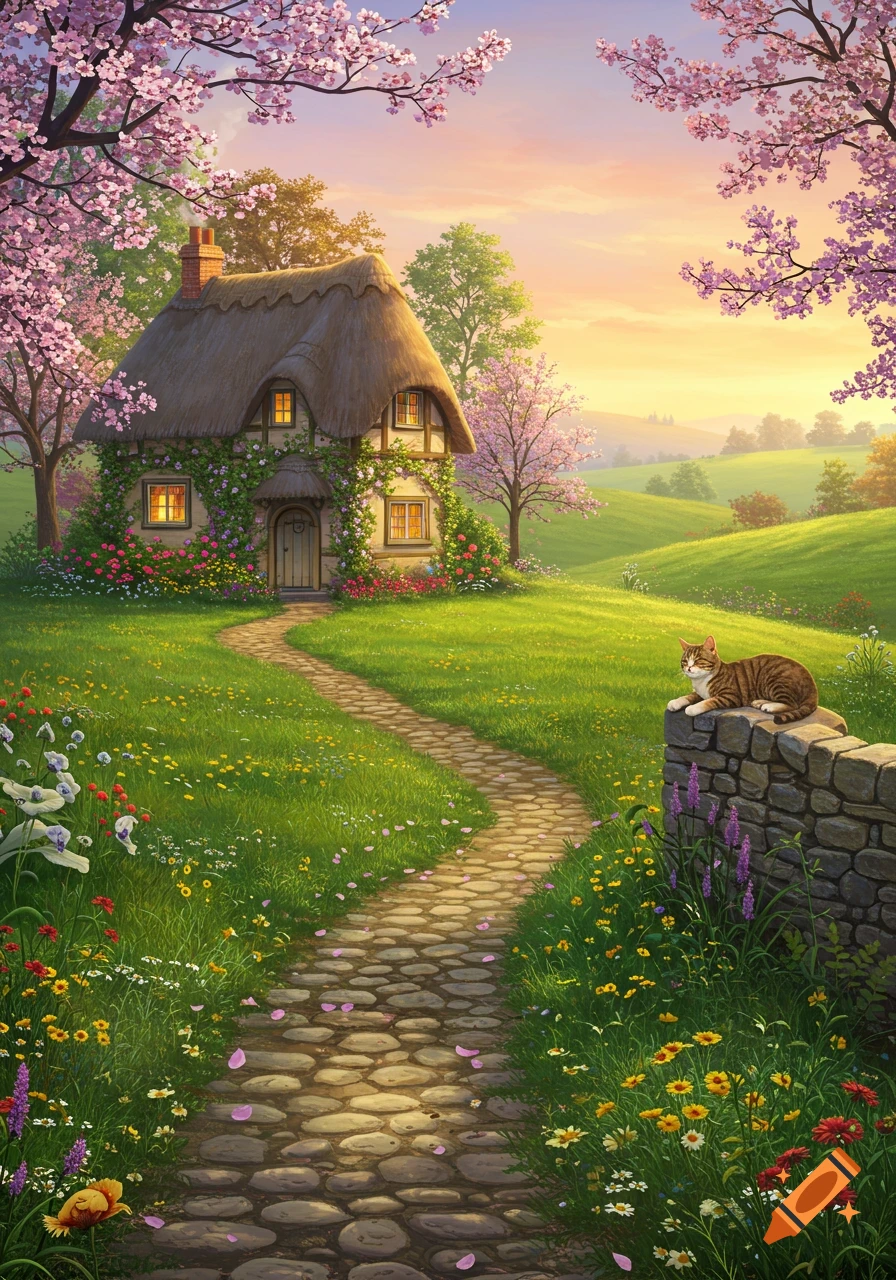 A picturesque cottage in a spring meadow with pink flowering trees, wildflowers, and a winding path. A tabby cat rests on a stone wall.
