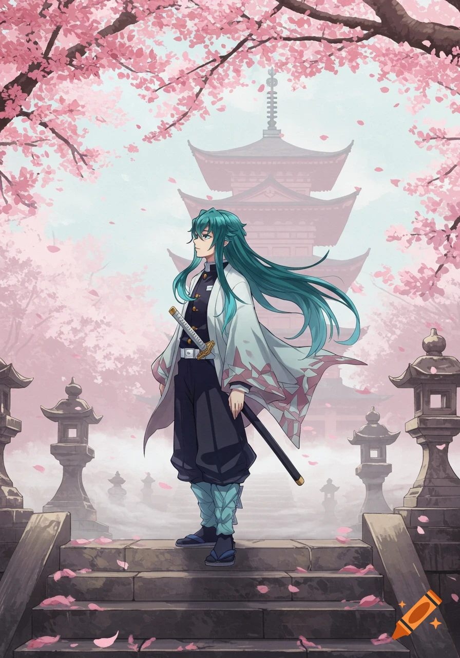 Anime illustration of Muichiro Tokito standing on stone steps amidst falling pink cherry blossoms, with a pagoda in the misty background.