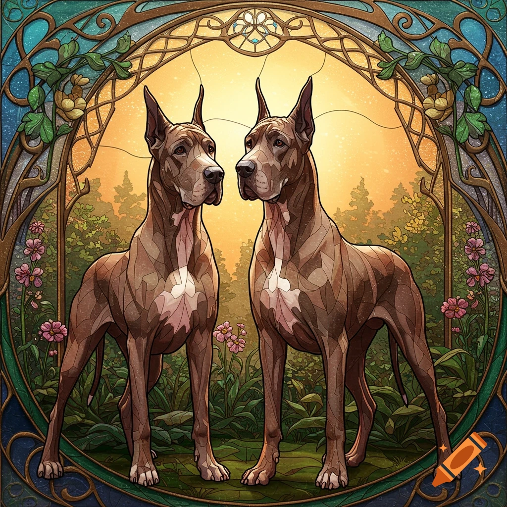 Two Great Danes in a stained glass art style, set against a vibrant nature background with an ornate frame.