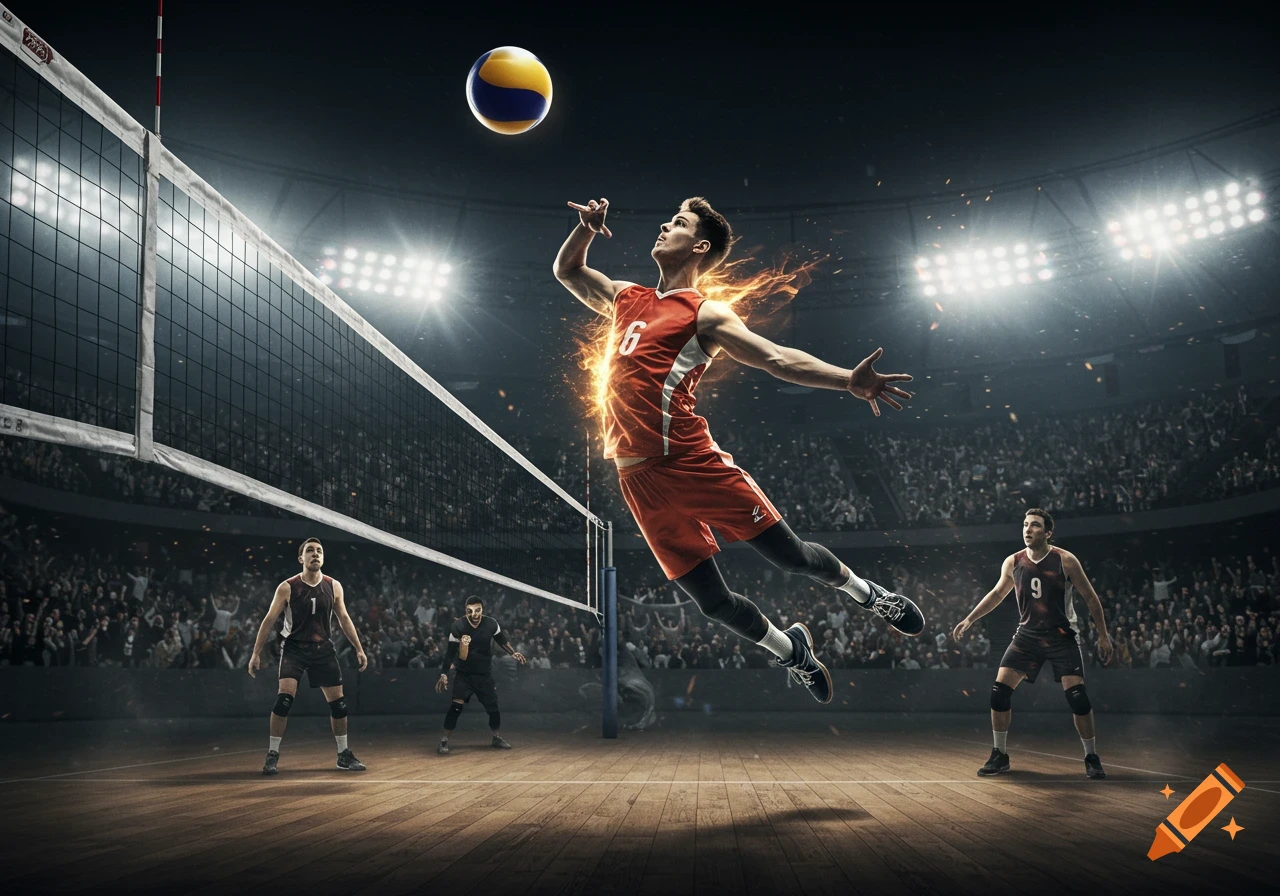 A male volleyball player jumps to spike a ball, glowing with fiery energy in a packed stadium.