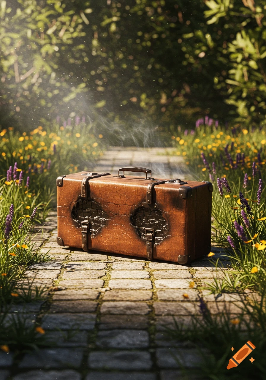 A close-up of a brown, heavily burned vintage suitcase with smoke rising, sitting on a stone path amidst green grass and wildflowers under dappled sunlight.