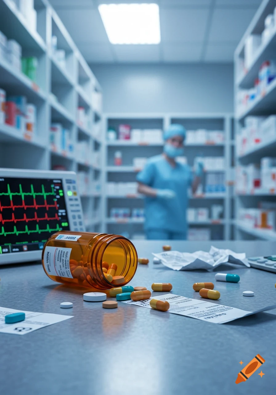 An overturned pill bottle spills colorful pills on a counter in a pharmacy, with a blurred medical professional in the background.
