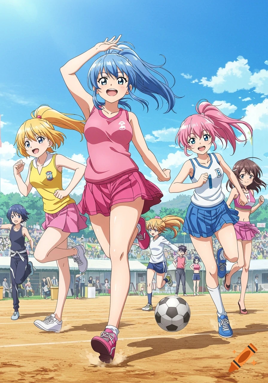 Anime girls in athletic wear running on a track with a soccer ball, under a bright blue sky.