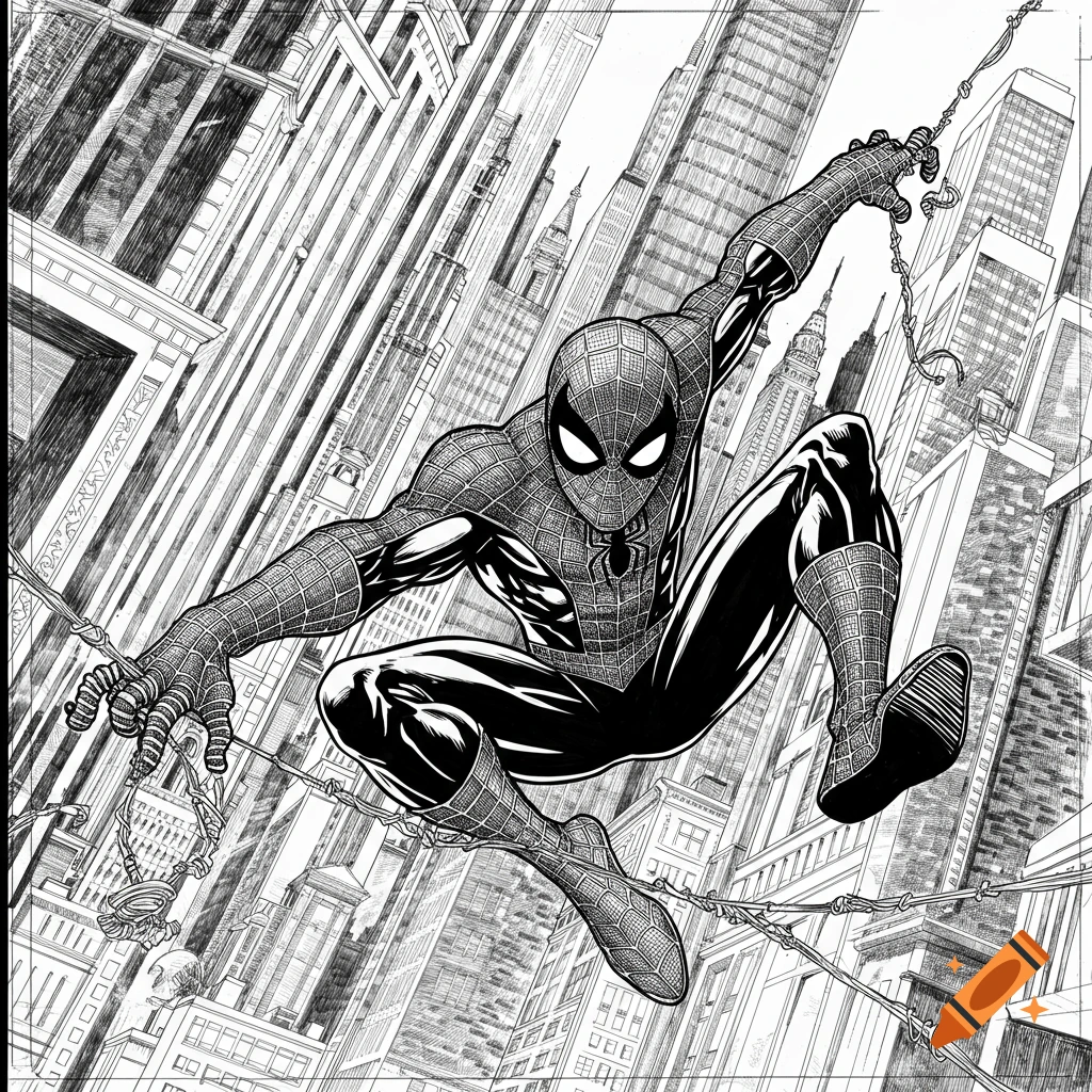 Spider-Man swings through a detailed black and white comic book cityscape.