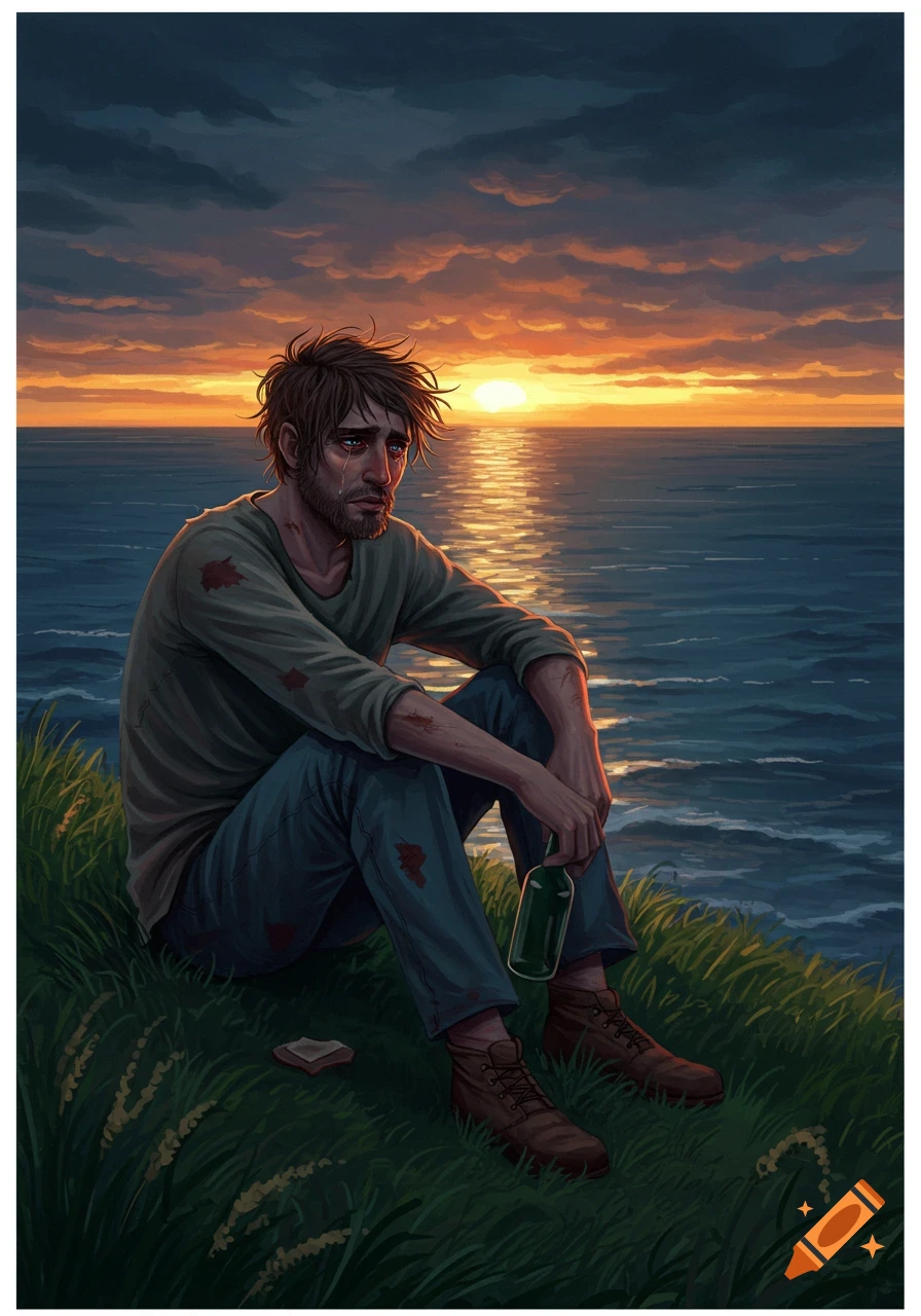 Disheveled man crying on a cliff edge at sunset, holding a bottle by the ocean, illustrative style.