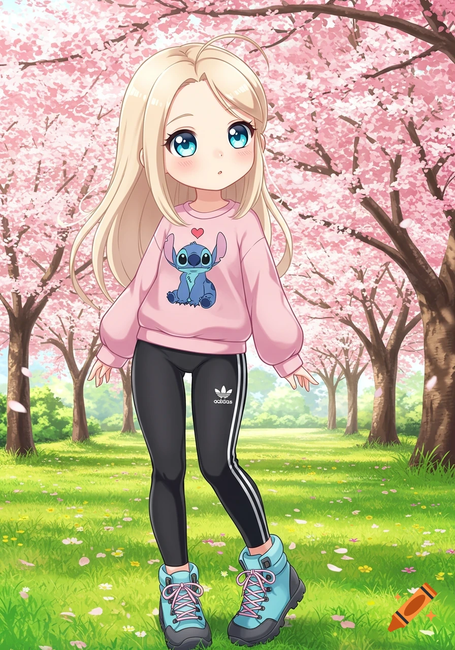 A kawaii anime girl with blonde hair and blue eyes, wearing a pink Stitch sweatshirt, black Adidas leggings, and blue hiking boots, stands in a cherry blossom park.