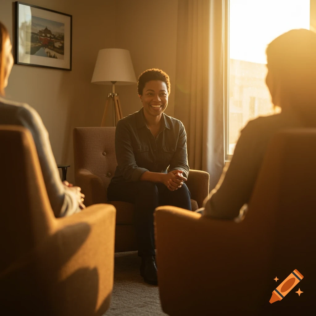 A smiling woman, acting as a coach, sits in a cozy armchair facing another person, bathed in warm natural light from a window. Photorealistic.