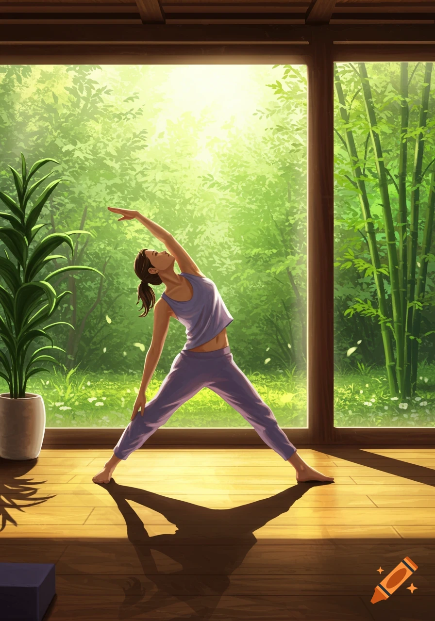 An illustration of a woman in purple yoga clothes stretching in a sunlit room with a lush green forest outside.