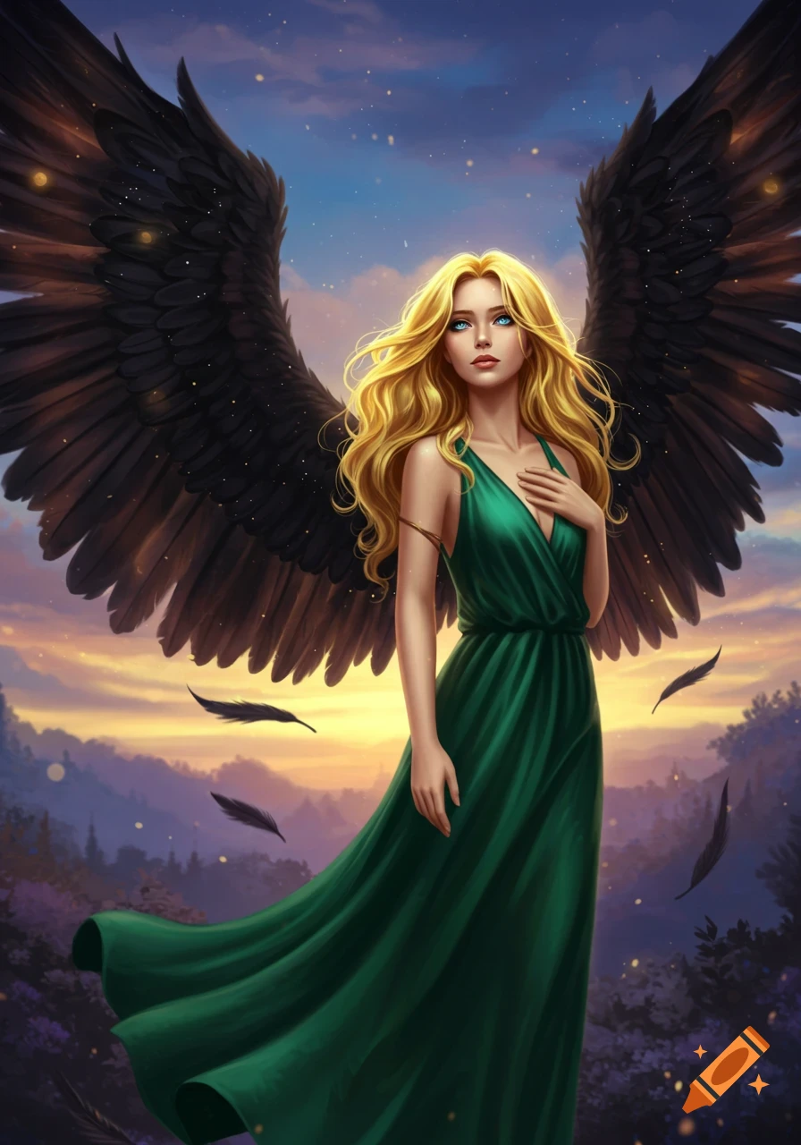 A fantasy digital painting of a blonde woman with blue eyes and large black wings, wearing a flowing green dress, standing against a colorful sunset sky.