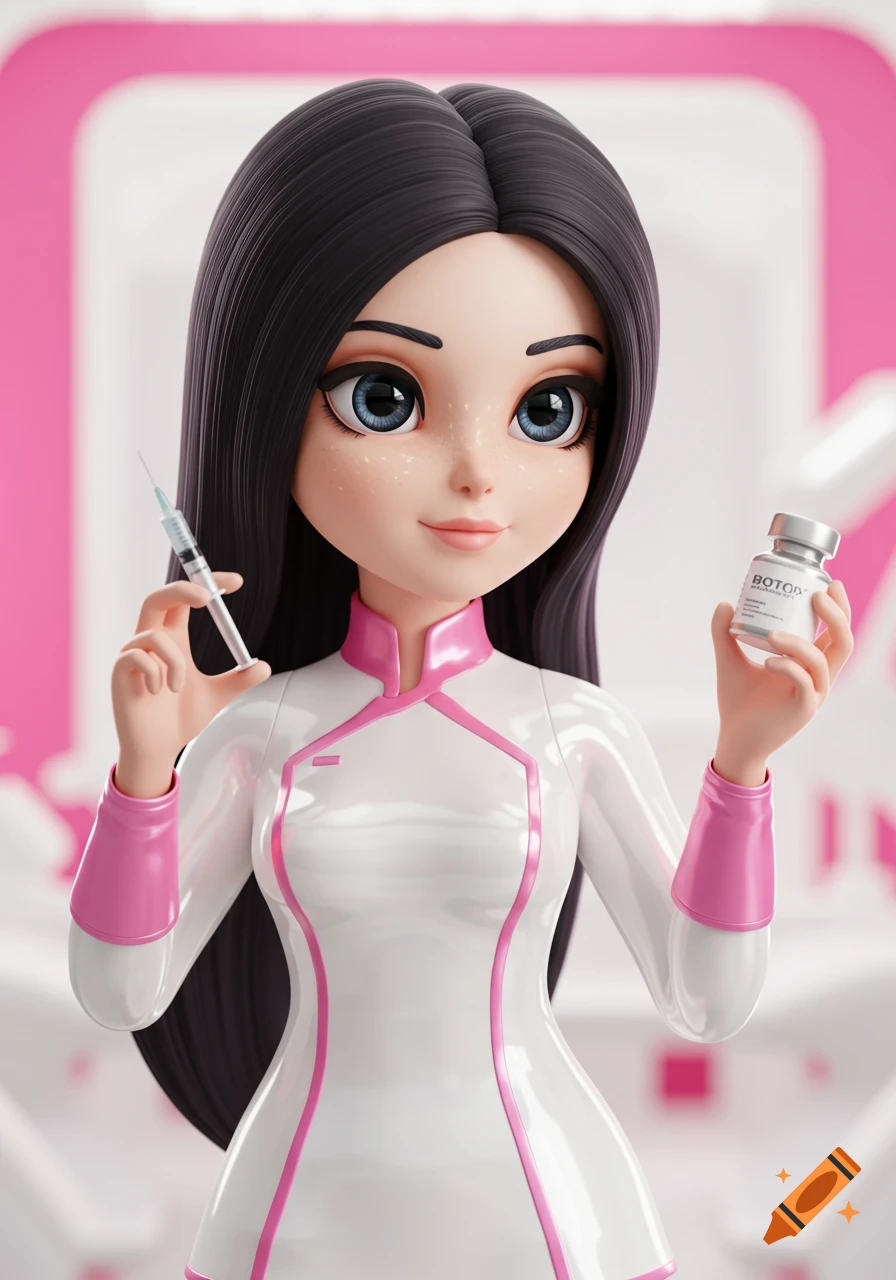 A doll-like character in a white and pink medical uniform holds a syringe and a medicine bottle in a modern beauty clinic.