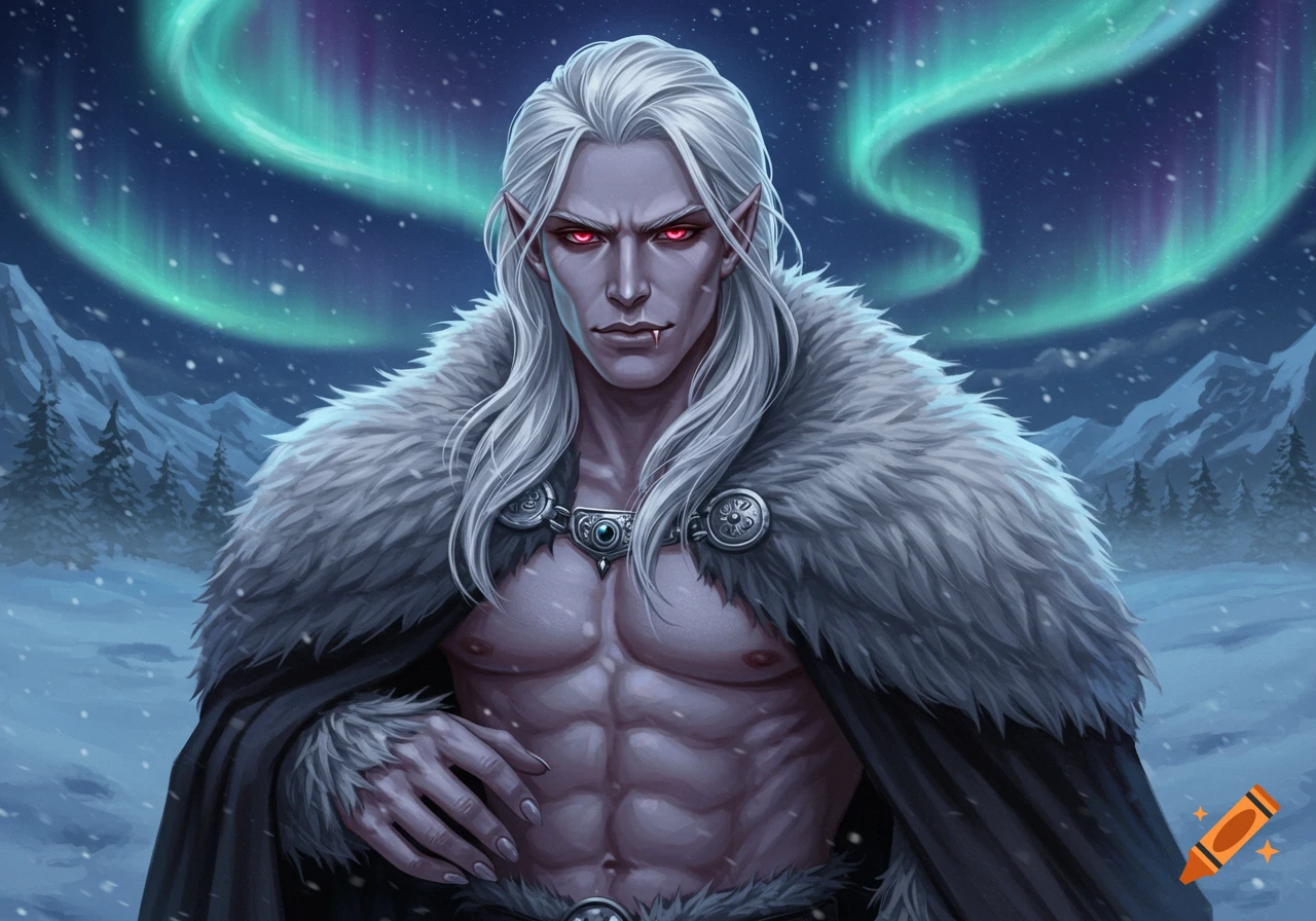 Handsome male vampire with long white hair, red eyes, and a fur cloak stands in a snowy landscape under the aurora borealis.