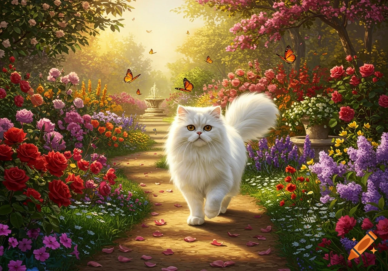 A fluffy white Persian cat walks on a path through a vibrant, colorful flower garden with butterflies.