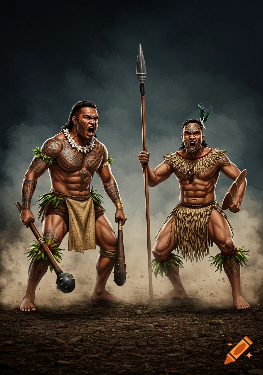 Two fierce Polynesian warriors, one with a spear and the other with clubs, perform a traditional war dance with tribal tattoos in a dusty arena.
