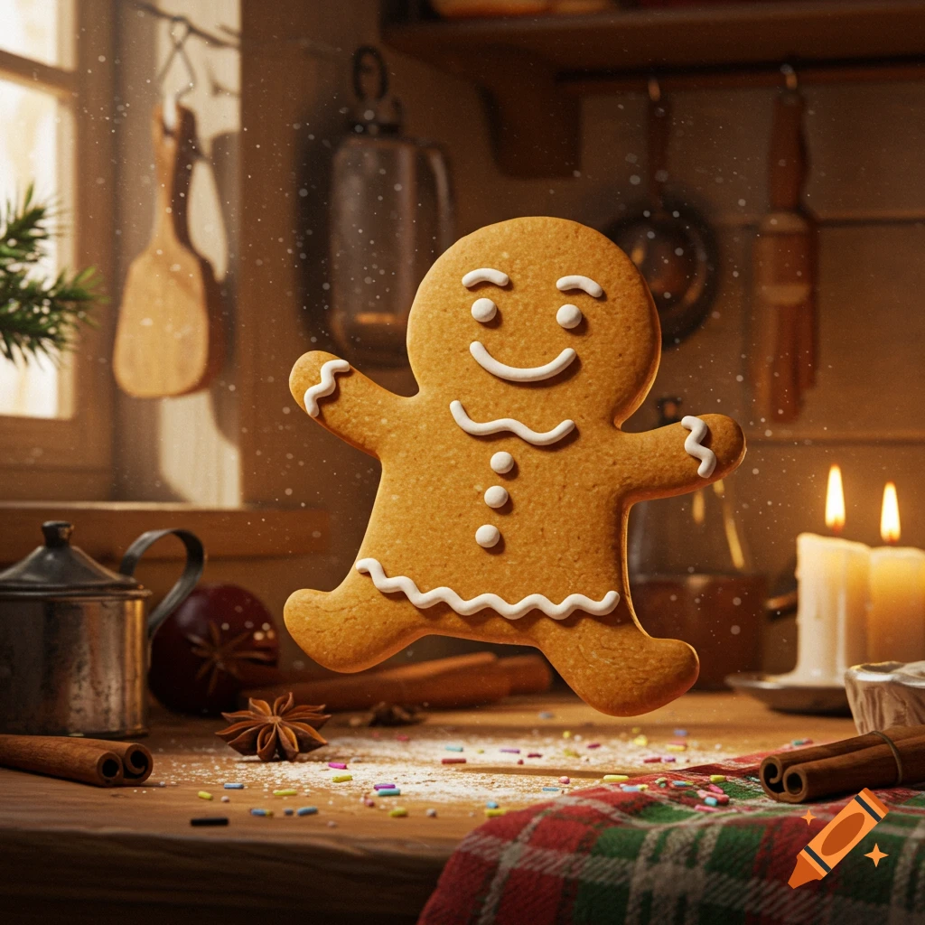 A smiling gingerbread man cookie floats over a rustic wooden kitchen counter with cinnamon sticks, star anise, sprinkles, and lit candles, bathed in warm light.