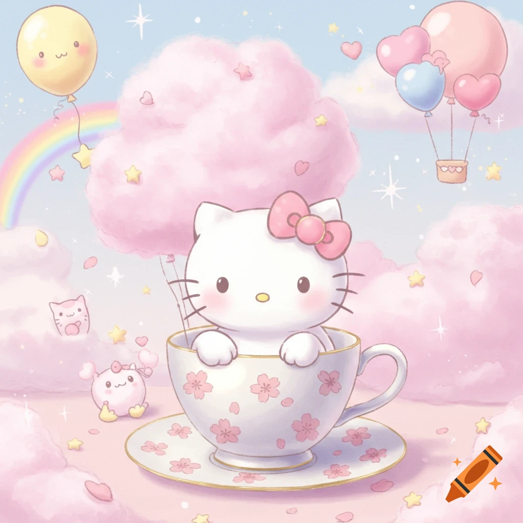A kawaii cartoon Hello Kitty-like character sits in a floral teacup, surrounded by pink clouds, balloons, a rainbow, and stars.