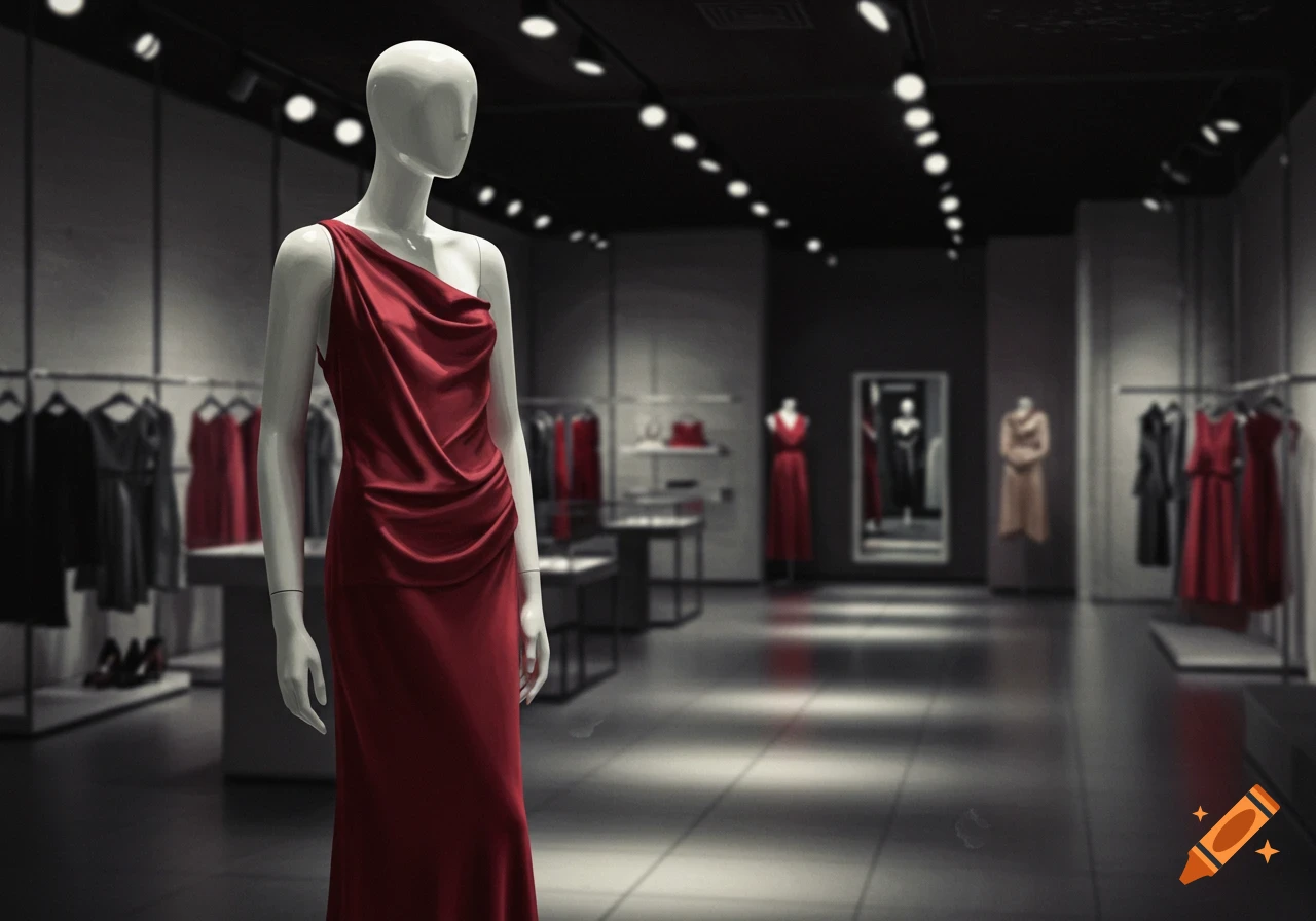 A mannequin in a red one-shoulder gown stands prominently in a dimly lit, stylish fashion boutique with other clothing displays.