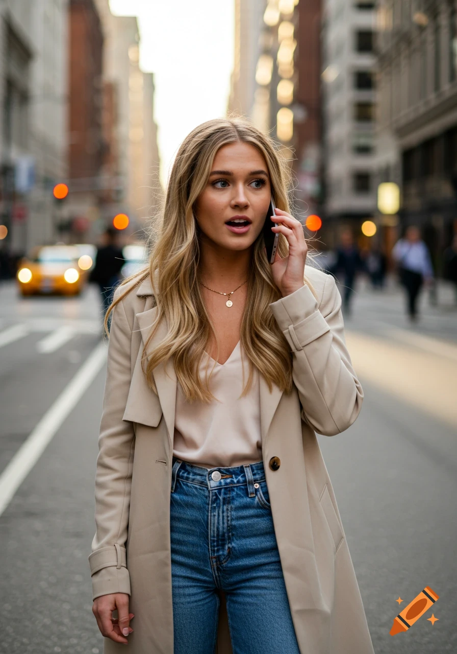 Photorealistic image of a young blonde woman in a trench coat and jeans talking on a smartphone on a busy city street.