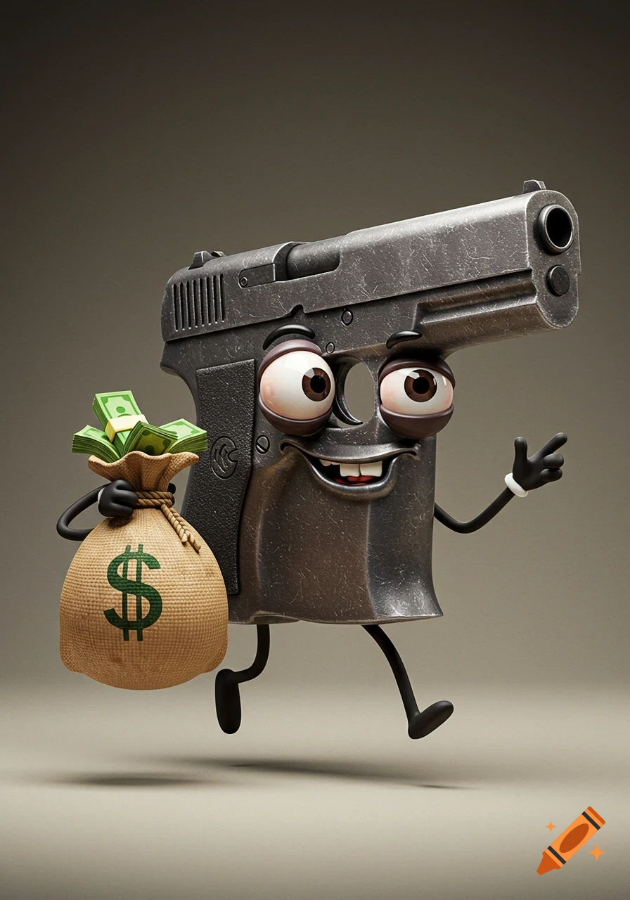 A cartoonish pistol with a smiling face, arms, and legs, runs while holding a brown money bag with a dollar sign.