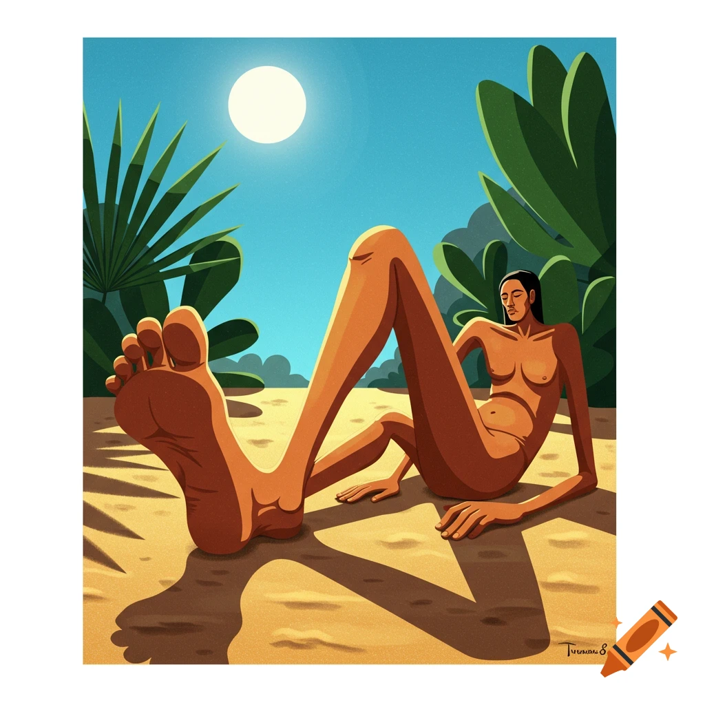 A stylized illustration of a nude figure with exaggerated limbs reclining on a sandy beach under a bright sun, with large green plants.
