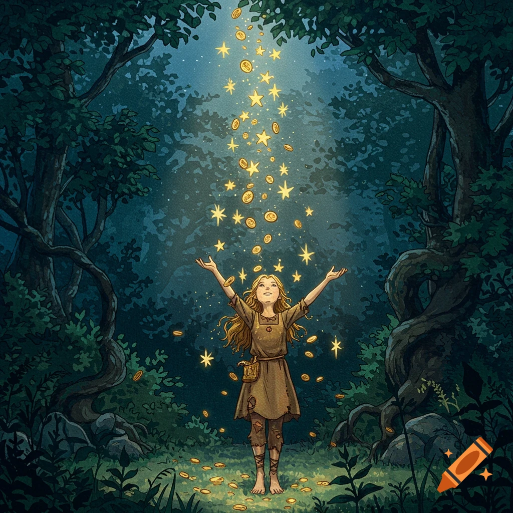 An illustration of a young girl with arms raised, looking up as stars and gold coins fall from a magical light in a dark forest.