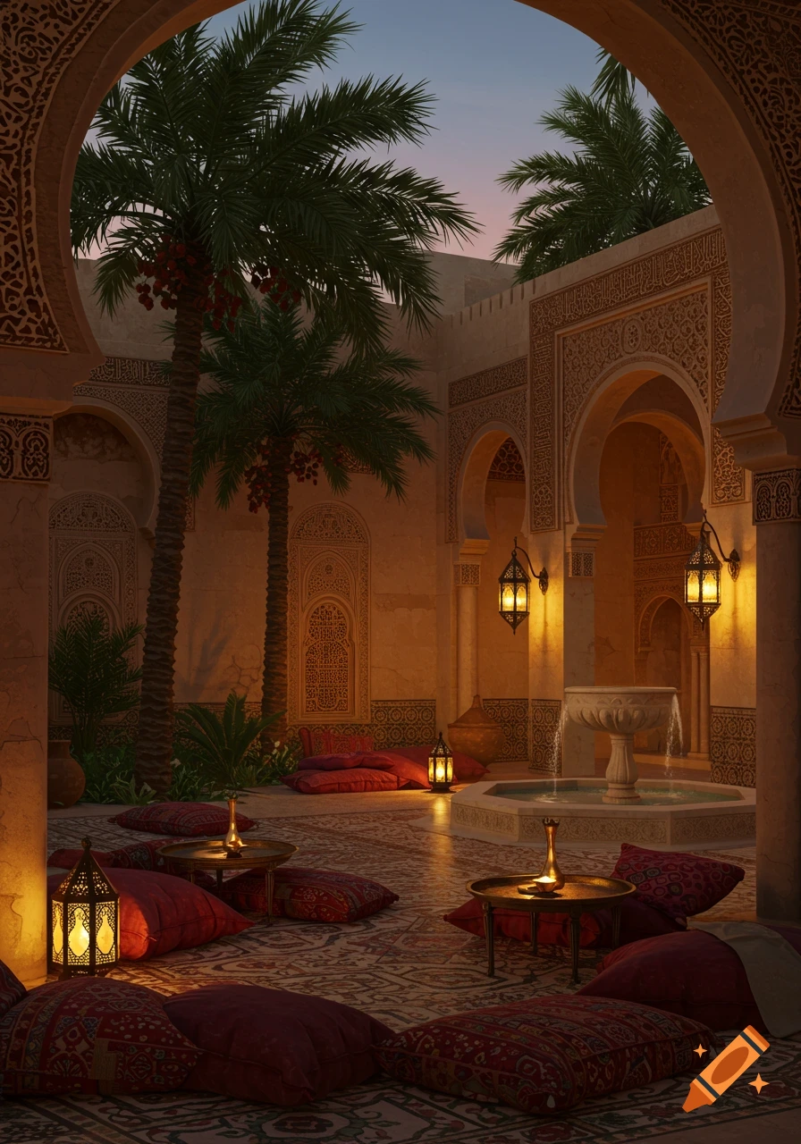Ornate Moroccan courtyard at dusk with palm trees, a fountain, glowing lanterns, and red cushions on a patterned rug.