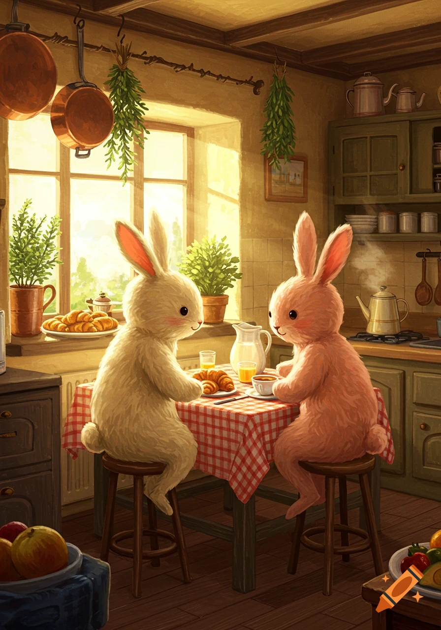 Two cute bunny-shaped characters enjoy breakfast with croissants and juice in a cozy, sunlit kitchen illustration.