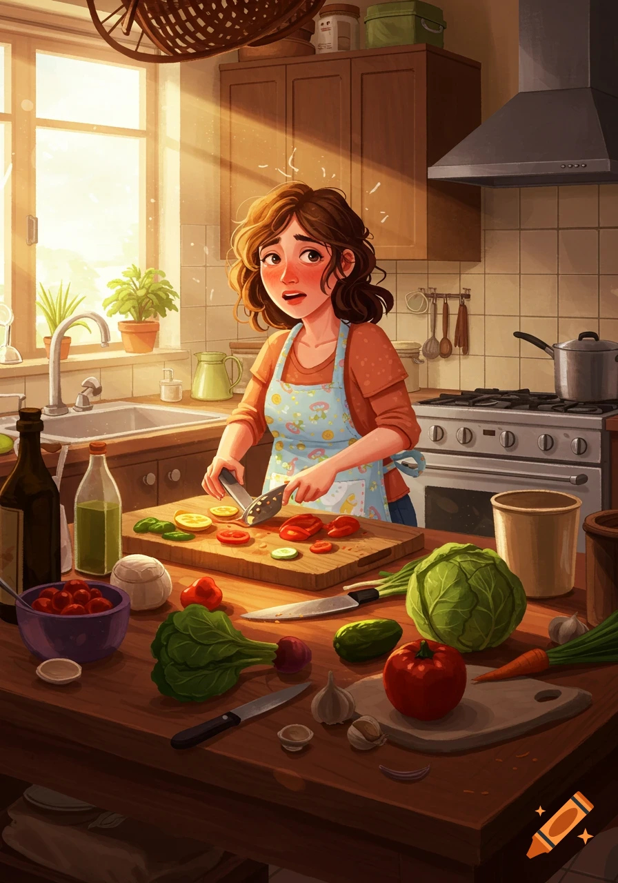 An illustrated woman with a stressed expression chops vegetables in a bright, sunlit kitchen, surrounded by fresh produce.