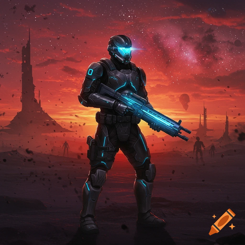 A futuristic soldier in dark armor with glowing blue accents holds a sci-fi rifle, standing on a desolate alien planet with a red sky.