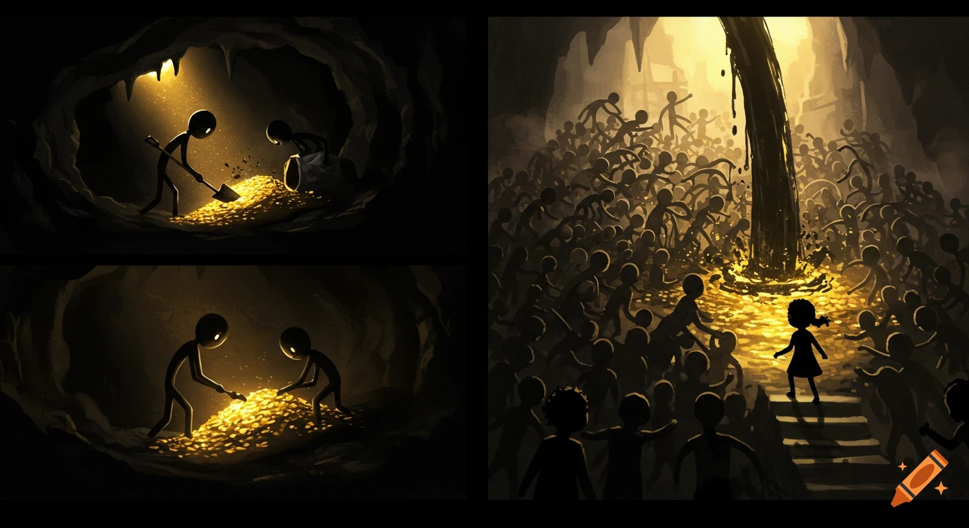A three-panel symbolic illustration. Two top left panels show stick figures digging and examining gold in a dark cave. The large right panel depicts a crowd of stick figures amidst a dark liquid pouring into a golden pool, with a small girl ascending illuminated steps away from them.