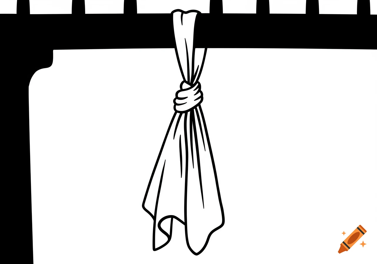 Simple black-and-white cartoon line drawing of a cloth tied in a knot and dangling from a dark bar.