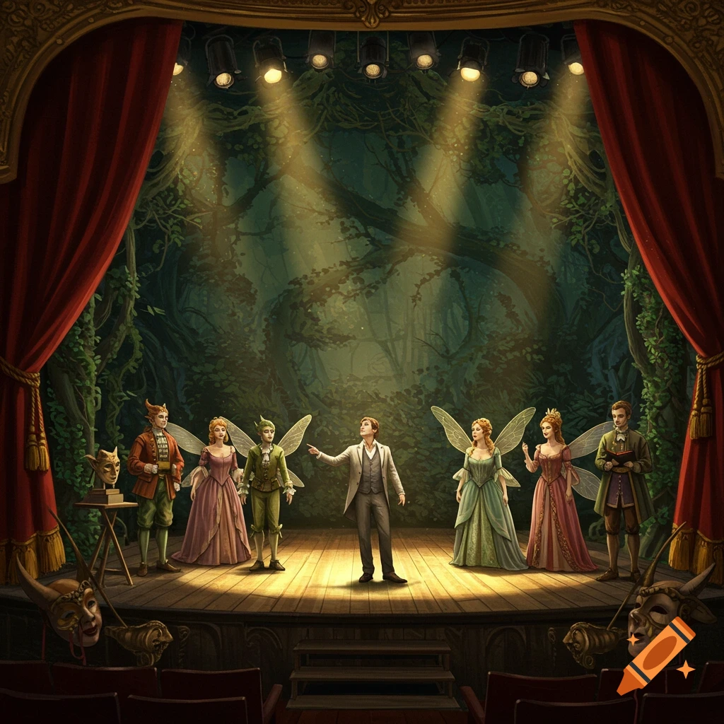 Illustrated scene of a fantasy play on a stage, with a director, fairies, and other characters against a forest backdrop.
