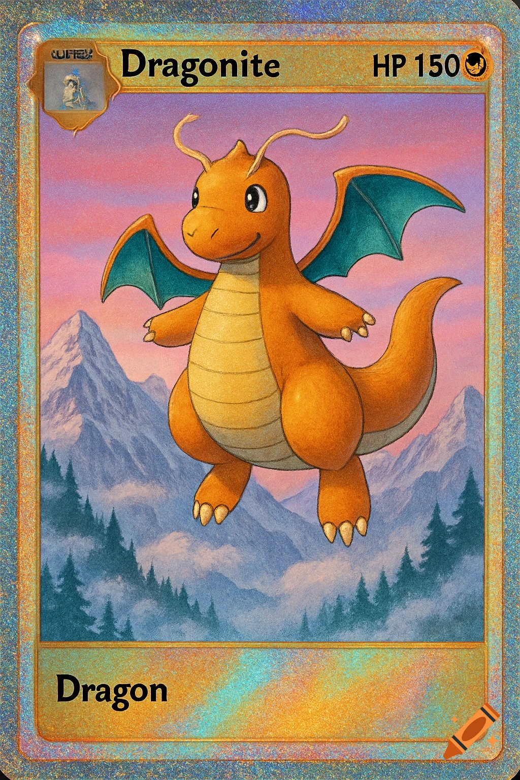 A holographic Pokemon card featuring the orange dragon Dragonite flying in front of blue mountains under a pink and purple sky.