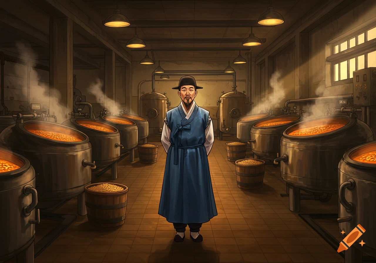 A man in a blue traditional Korean hanbok stands amidst a factory filled with large steaming vats and wooden barrels, with warm lighting from above.