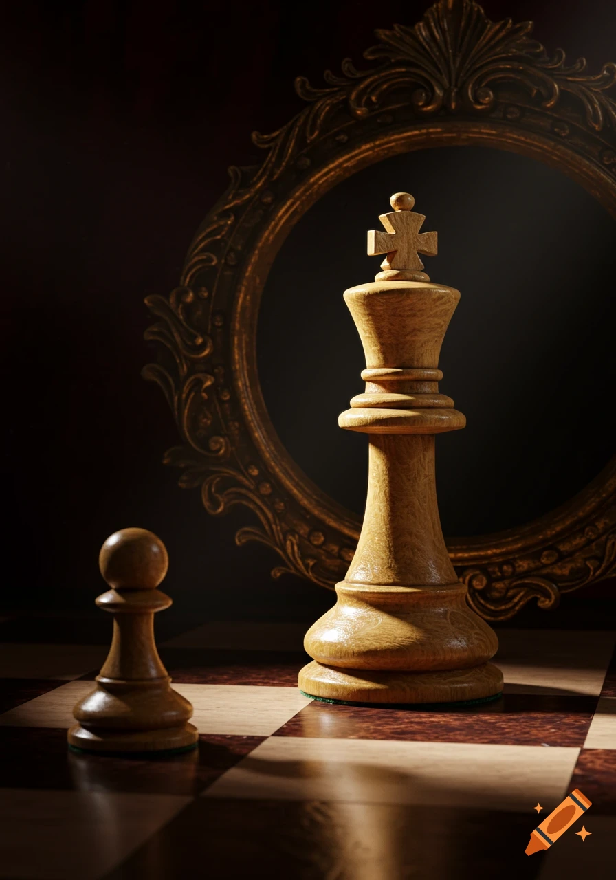 A wooden chess pawn on a chessboard reflects a king chess piece in an ornate mirror under dramatic lighting.