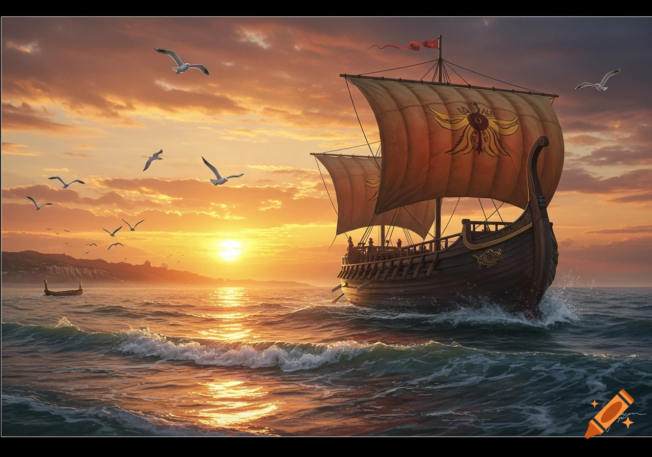 A large ancient ship with an emblem on its sail sails on a wavy sea at a golden sunset with seagulls flying and a distant coastline.
