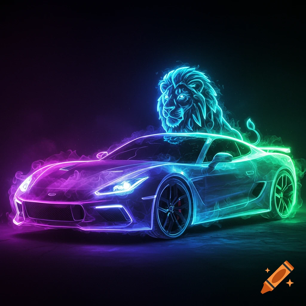 A futuristic sports car and a stylized lion, both made of glowing purple, blue, and green neon smoke and light.