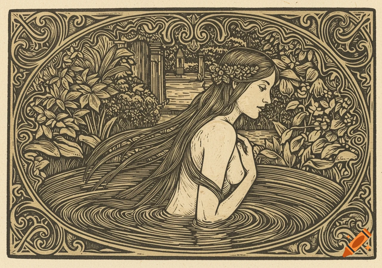 Woodcut illustration of a woman with long hair and a floral wreath, bathing in swirling water amidst lush foliage, in an ornate frame.
