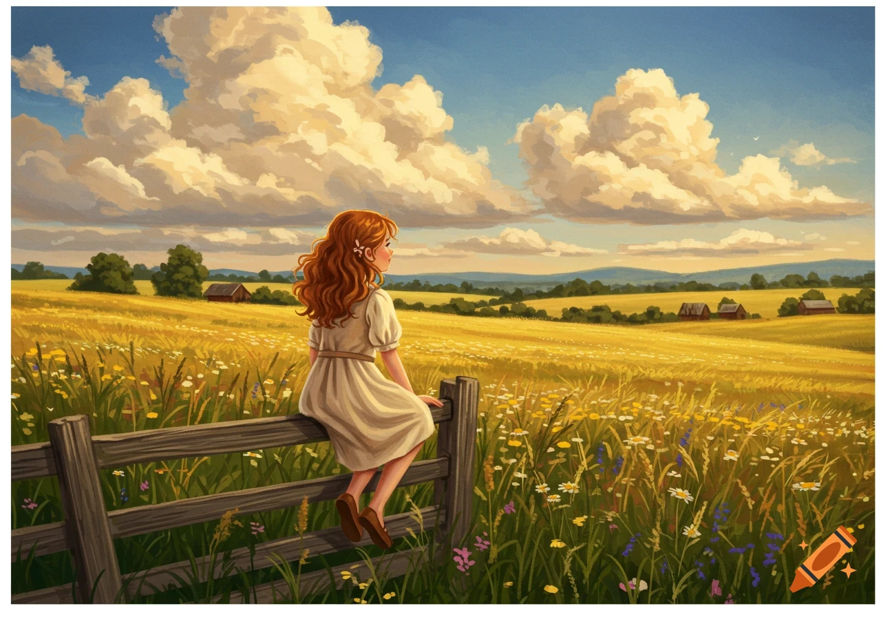 A red-haired girl in a white dress sits on a wooden fence, gazing at a golden field with wildflowers under a cloudy sky, in a painted style.