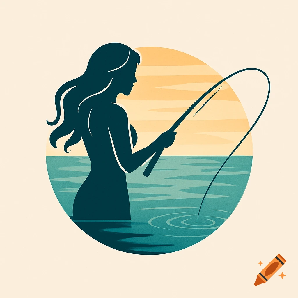Stylized silhouette of a woman standing in water, fishing, against a sunset background in a circular logo.