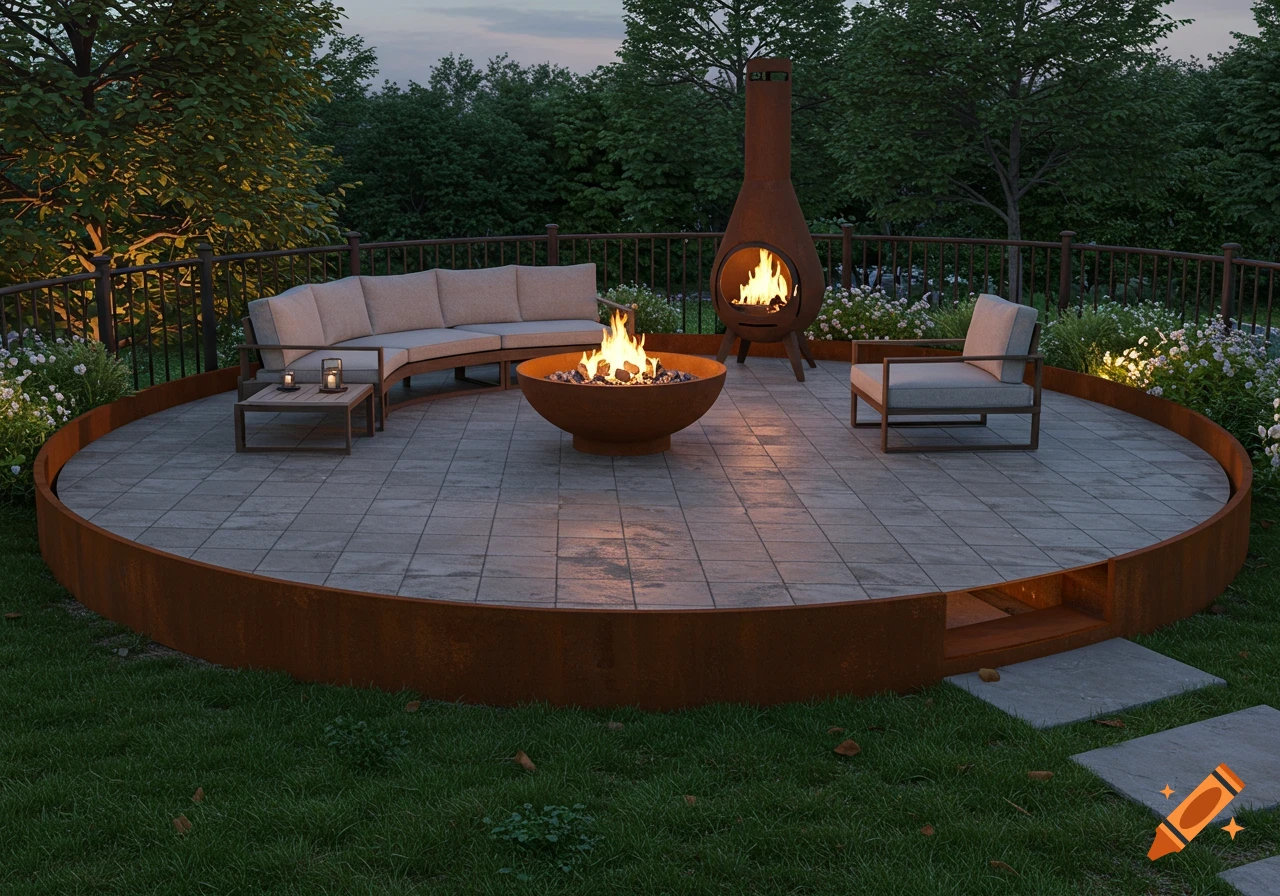 Photorealistic round patio with Corten steel border, fire bowl, chiminea, and outdoor seating in a garden at dusk.