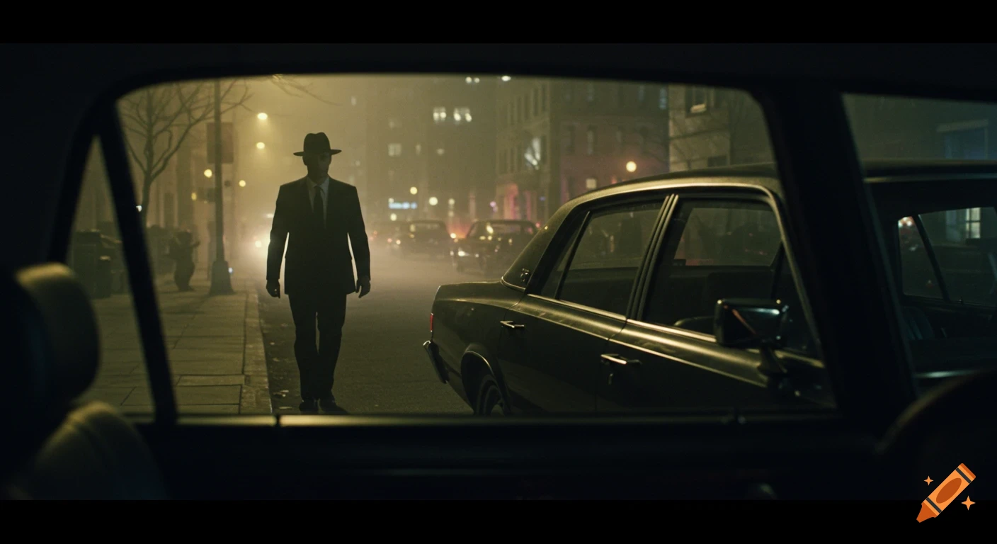 View from inside a dark car showing a man in a fedora and suit walking on a foggy city street at night.