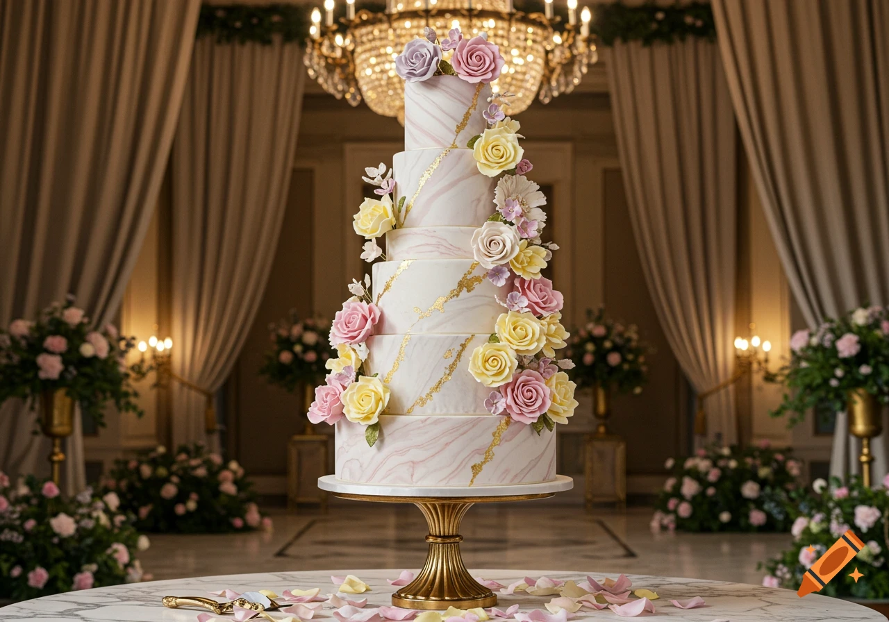 A five-tiered wedding cake with pink and yellow roses and gold accents on a marble table with petals, in an elegant ballroom.
