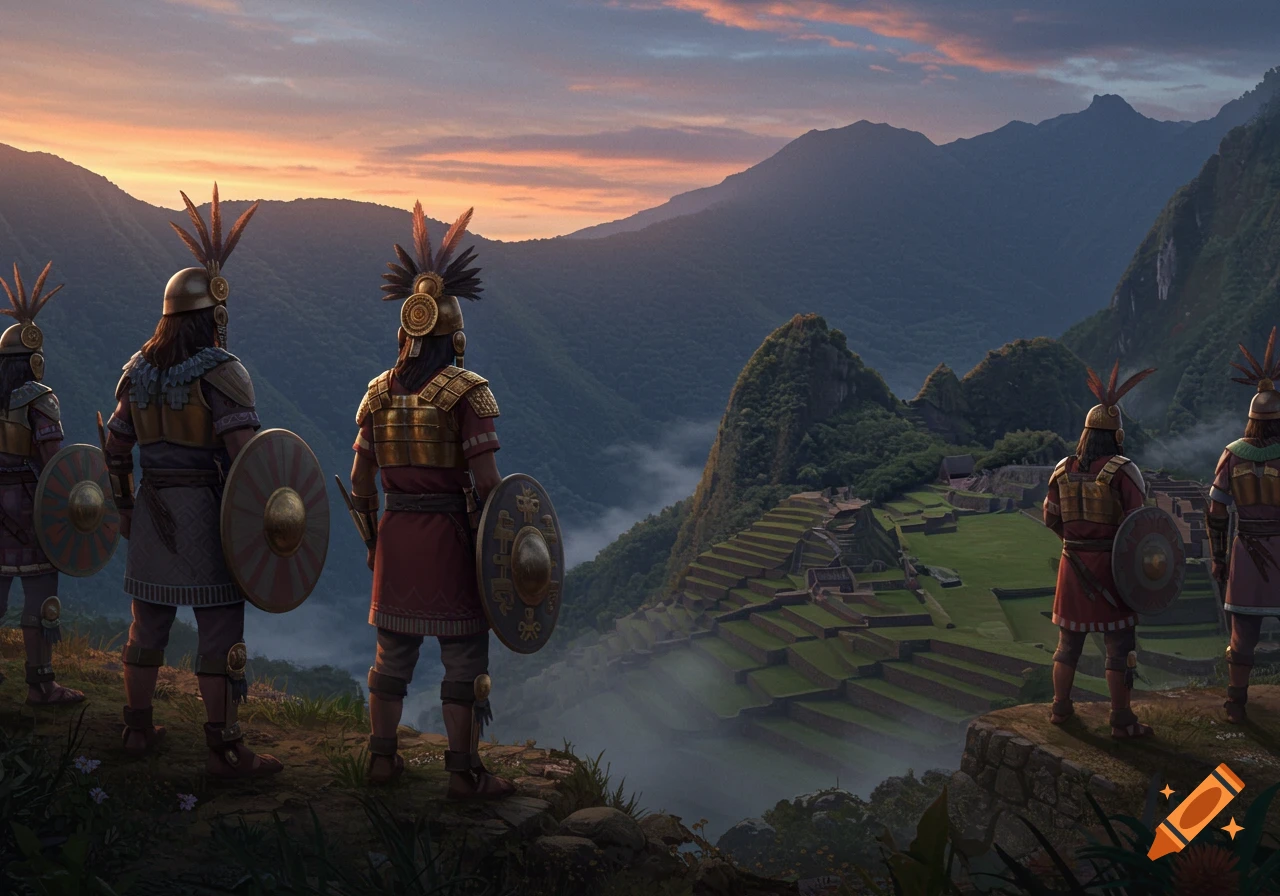 Ancient warriors in ornate armor and feathered helmets stand on a mountain overlooking a vast terraced city at sunset.