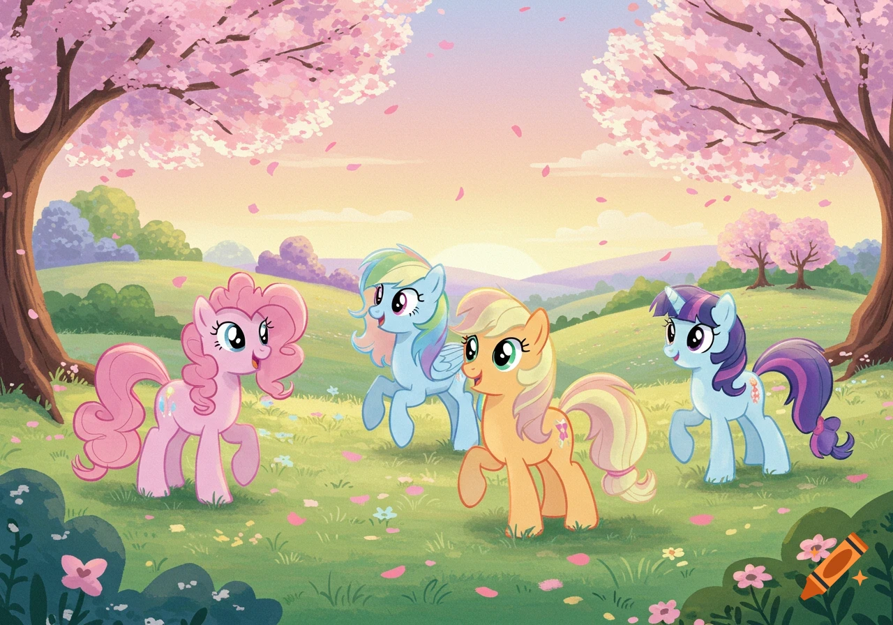 Four My Little Pony characters in a field with pink cherry blossom trees at sunset, in a cheerful cartoon style.
